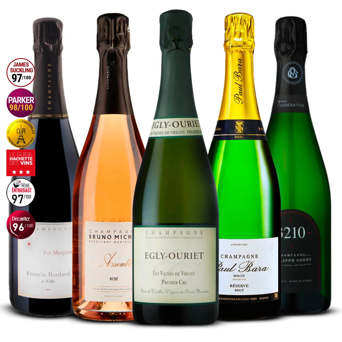 5 Champagne Set: Francis Boulard Les Murgiers, Bruno Michel Rosé Assemblée, Egly-Ouriet Les Vignes de Vrigny, Paul Bara Réserve Grand Cru, Philippe Gonet 3210 Blanc de Blancs 5×750 ml