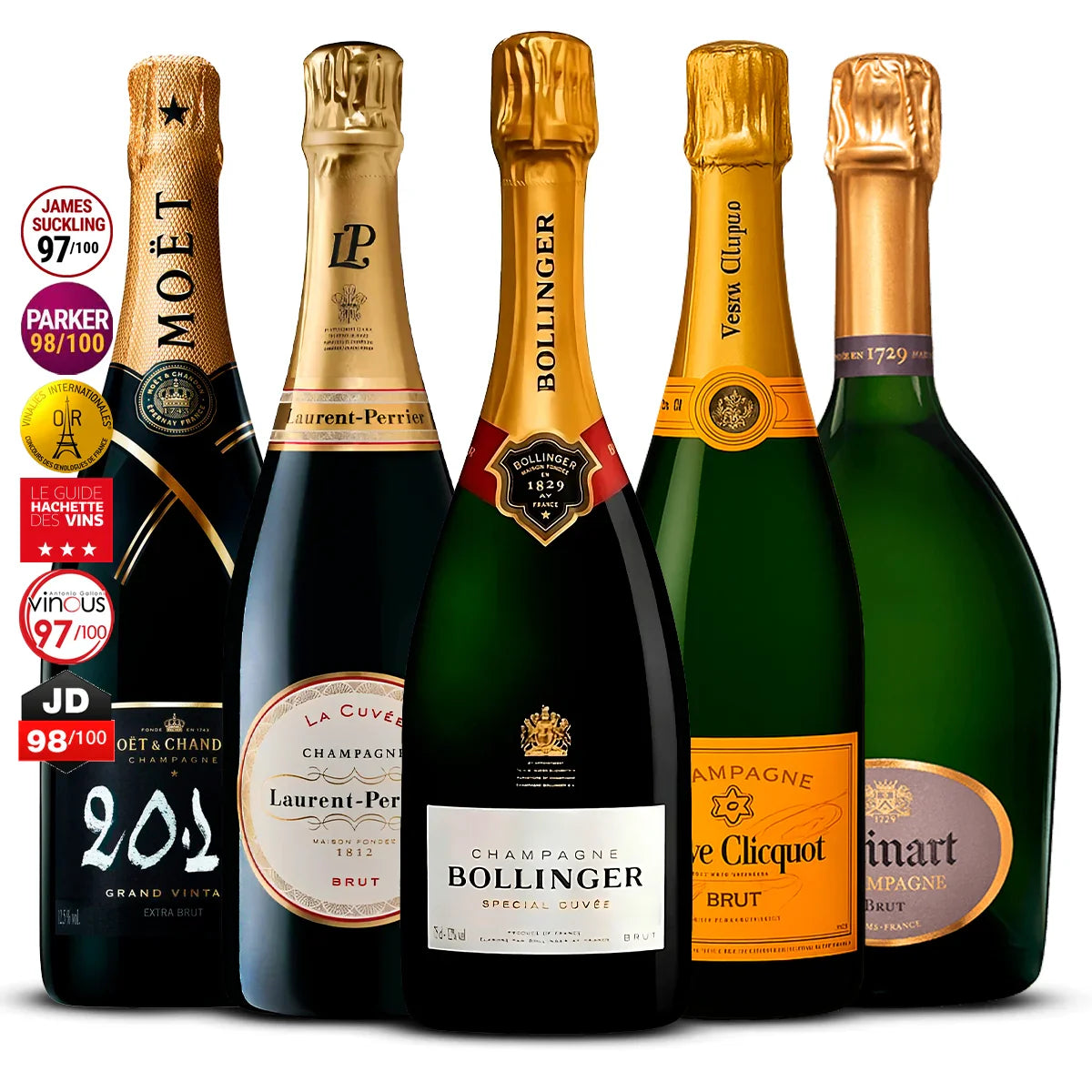 5 Champagne Set: Moët & Chandon Grand Vintage, Laurent-Perrier La Cuvée, Bollinger Special Cuvée, Veuve Clicquot Brut, Ruinart Brut 5×750 ml