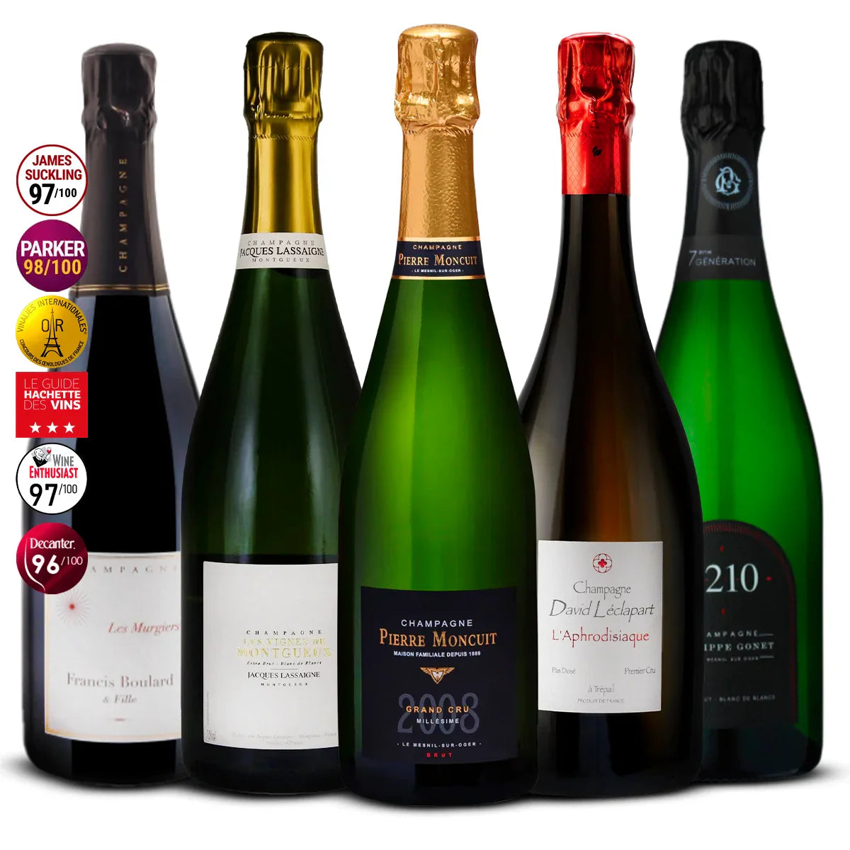 5 Champagne Set: Francis Boulard Les Murgiers, Jacques Lassaigne Les Vignes de Montgueux, Pierre Moncuit Grand Cru 2010, David Léclapart L’Aphrodisiaque, Philippe Gonet 3210 Blanc de Blancs 5×750 ml