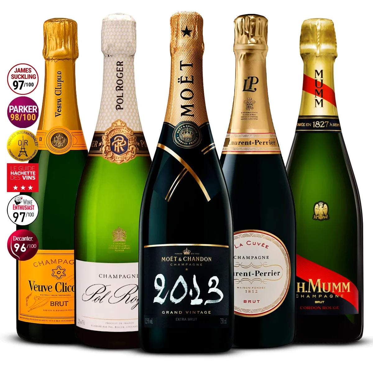 5 Champagne Set: Veuve Clicquot Brut, Pol Roger Réserve Brut, Moët & Chandon Grand Vintage, Laurent-Perrier La Cuvée, G.H. Mumm Cordon Rouge 5×750 ml