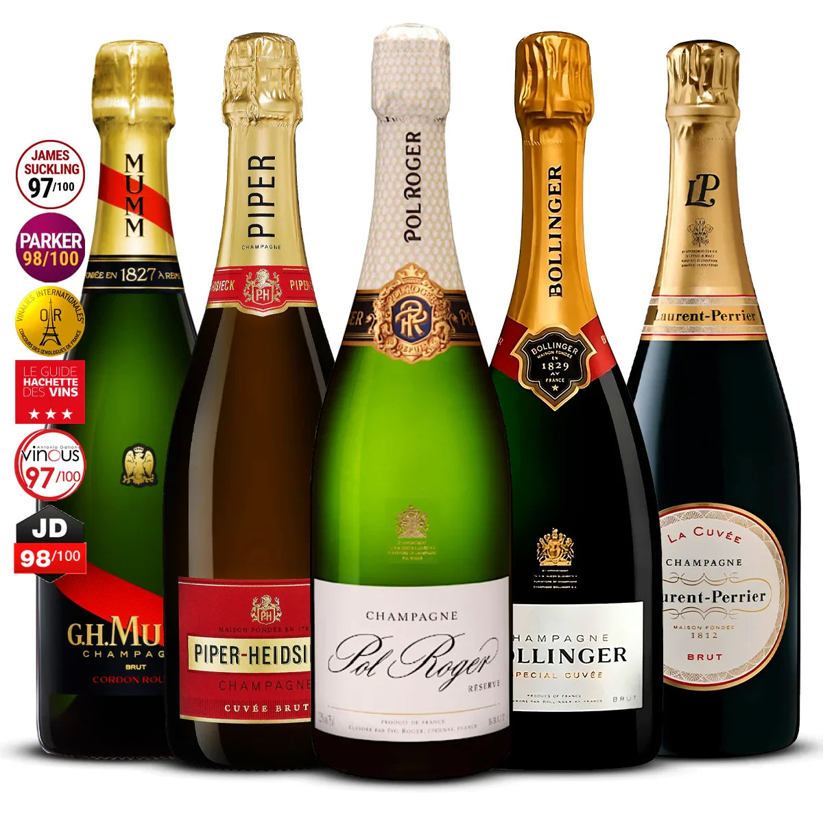 5 Champagne Set: G.H. Mumm Cordon Rouge, Piper-Heidsieck Cuvée Brut, Pol Roger Réserve Brut, Bollinger Special Cuvée, Laurent-Perrier La Cuvée 5×750 ml
